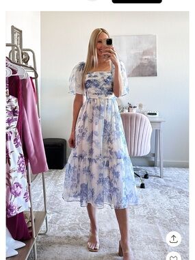 Abercrombie & Fitch White and Blue Floral Puff-Sleeve Midi Dress